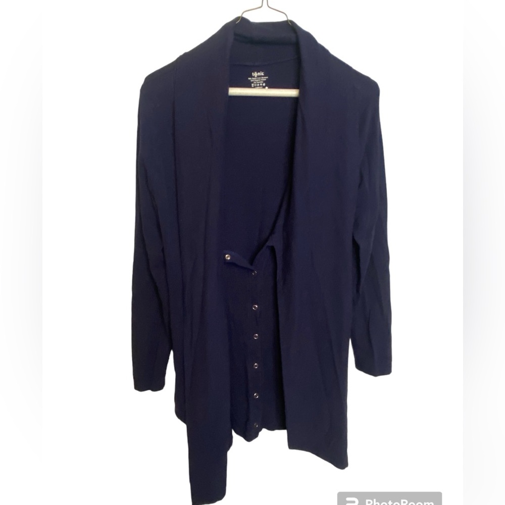 TONIC NAVY COTTON BUTTON UP SWEATSHIRT WRAP WITH BUILT IN SHAWL SIZE MEDIUM